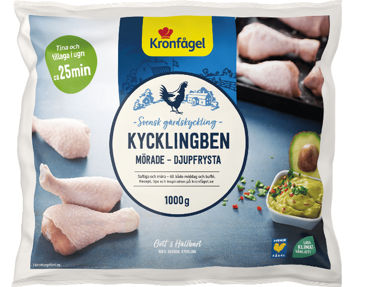 Förpackning frysta kycklingben, klara att tillaga i ugn på 25 minuter, med guacamole.