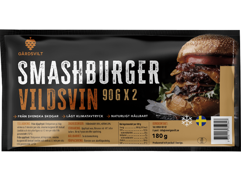 Förpackning med frysta vildsvinsburgare, med produktinformation och bild på en tillagad burgare.