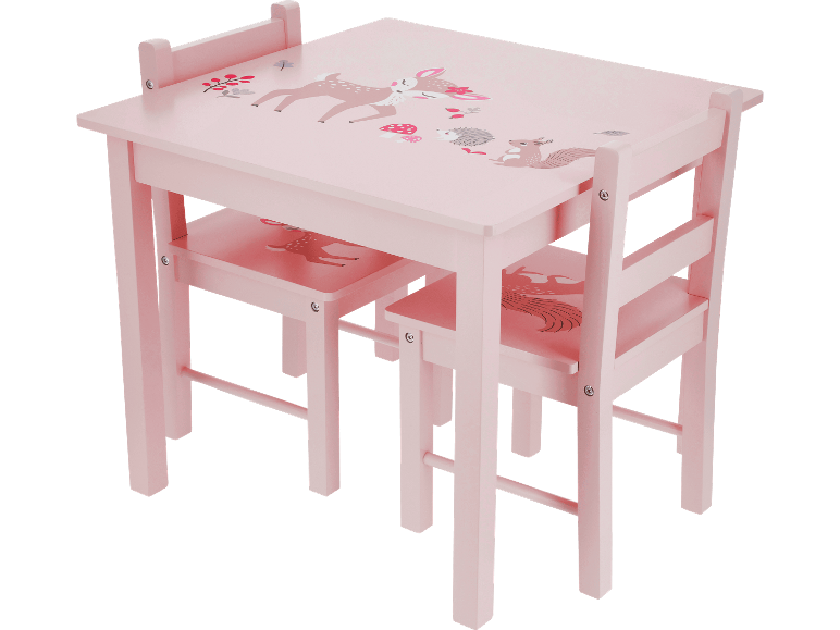 Lupilu barnbord med två stolar i rosa med skogsmotiv.