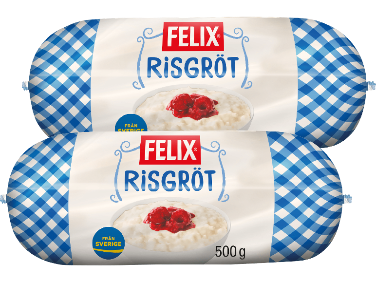Två förpackningar risgrynsgröt med hallon, med ett blått och vitt rutigt mönster.