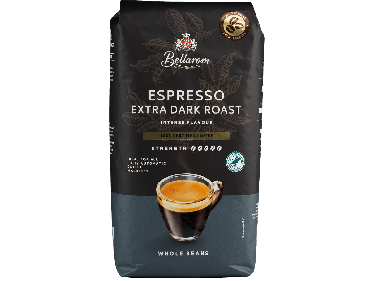 Förpackning Espresso Extra Dark Roast kaffebönor med intensiv smak och hög styrka.