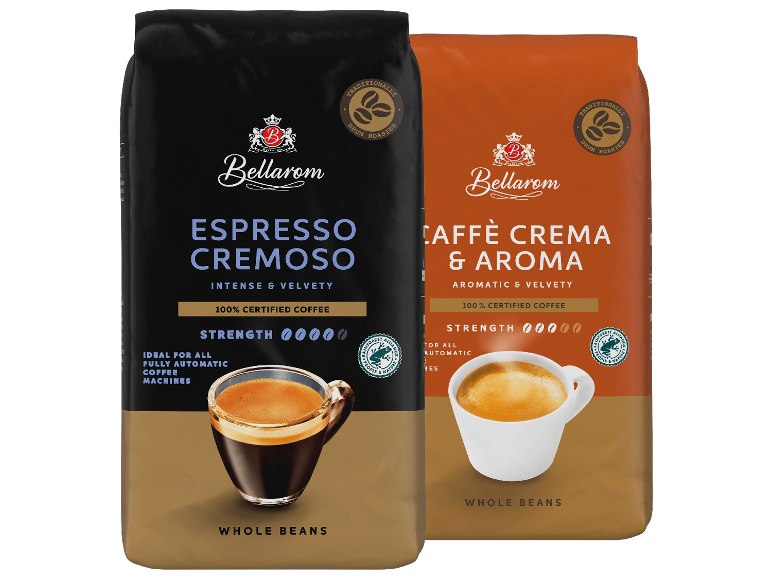 Två förpackningar kaffebönor: Espresso Cremoso (intensiv) och Caffè Crema & Aroma (aromatisk).