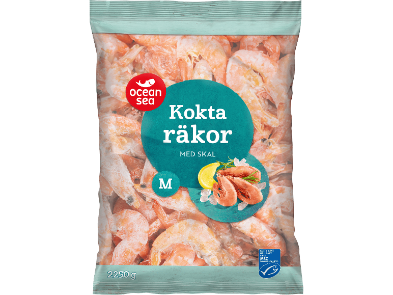 Påse kokta räkor med skal, 2250g, certifierat hållbart fiske.