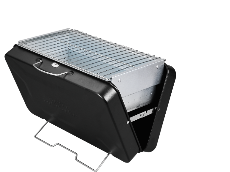 Svart bärbar grill med metallgaller och handtag.