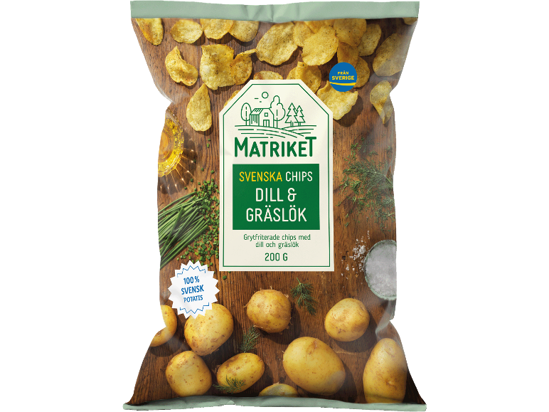 Påse svenska dill- och gräslökschips, 200g, med potatis och örter.