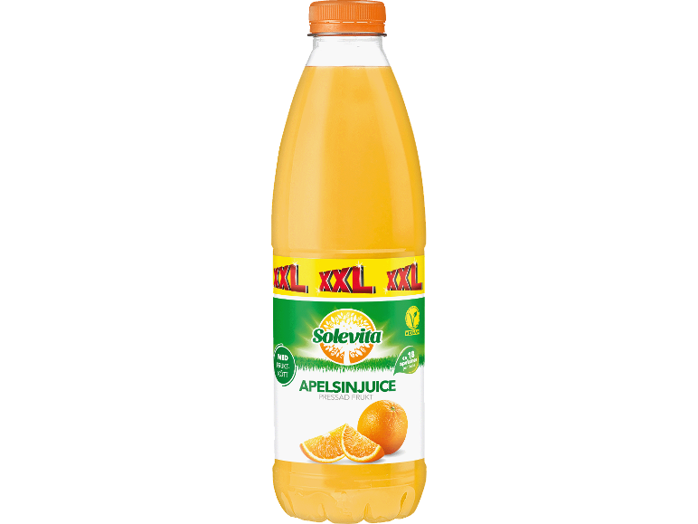 Flaska pressad apelsinjuice med fruktkött, märkt 'XXL' och 'Vegan'.