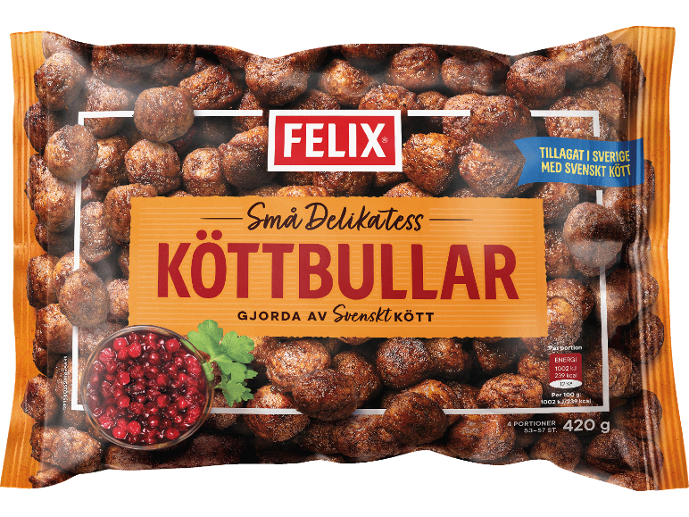 Påse köttbullar med lingon, med texten 'Små Delikatess KÖTTBULLAR'.