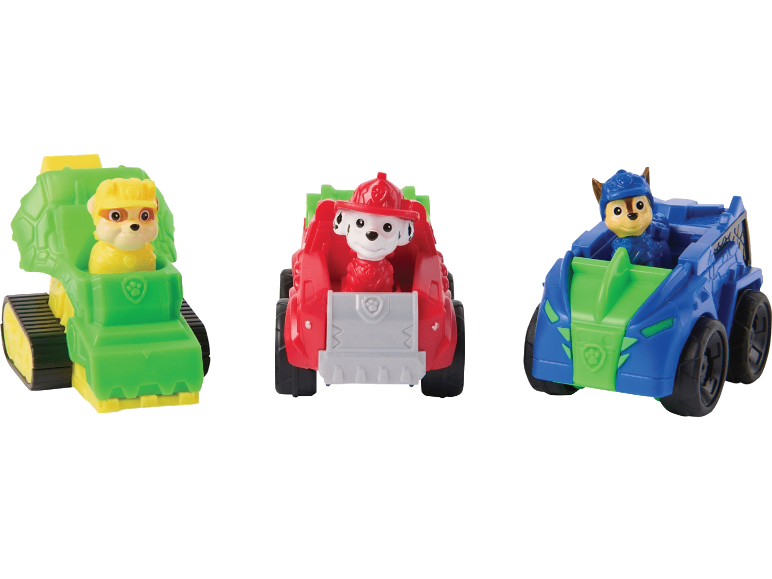 Tre leksaksfordon med djurfigurer: en grön bulldozer, en röd brandbil och en blå bil.