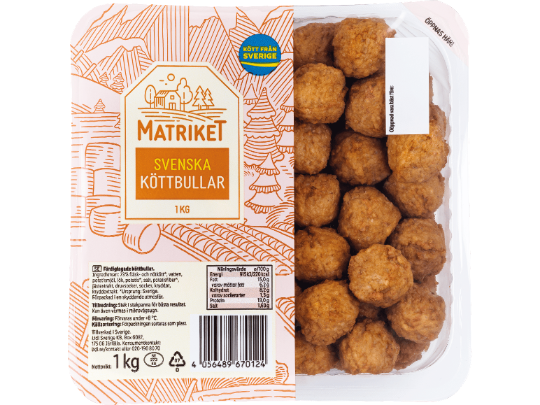 Förpackning med svenska köttbullar, med näringsinformation och tillagningsinstruktioner.