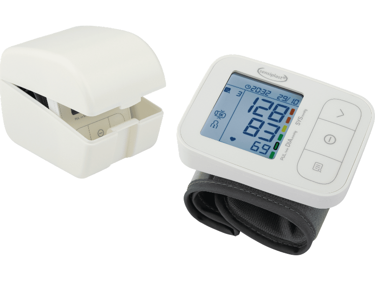 Sensiplast handledsblodtrycksmätare med förvaringsfodral.