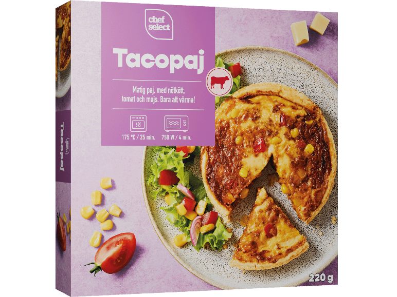 Tacopaj-låda med nötkött, tomat och majs, med en skuren paj och sallad.