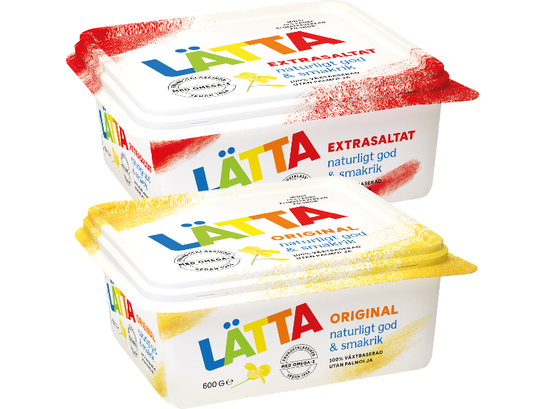 Två margarinförpackningar, en röd 'Extrasaltat' och en gul 'Original', båda växtbaserade.