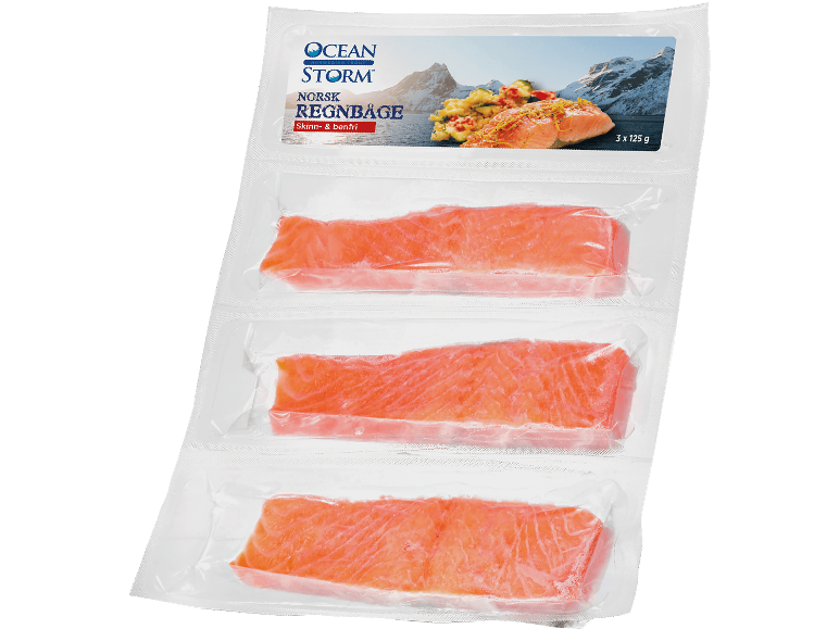 Tre styckvis vakuumförpackade norska regnbågsfiléer, skinn- och benfria.