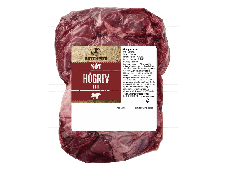 Vakuumförpackat nötkött med Butcher's-etikett som anger 'Nöt Högrev i bit'.