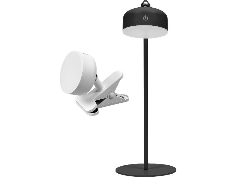 Svart golvlampa och vit klämlampa, båda med strömbrytare.