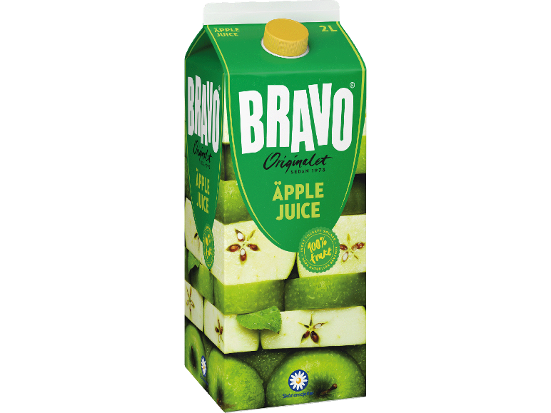 Grön 2L äppeljuiceförpackning med gröna äppelskivor.
