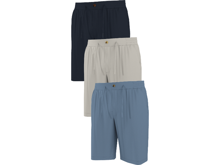 Tre herrshorts i mörkblått, beige och ljusblått, med dragsko och knapp.