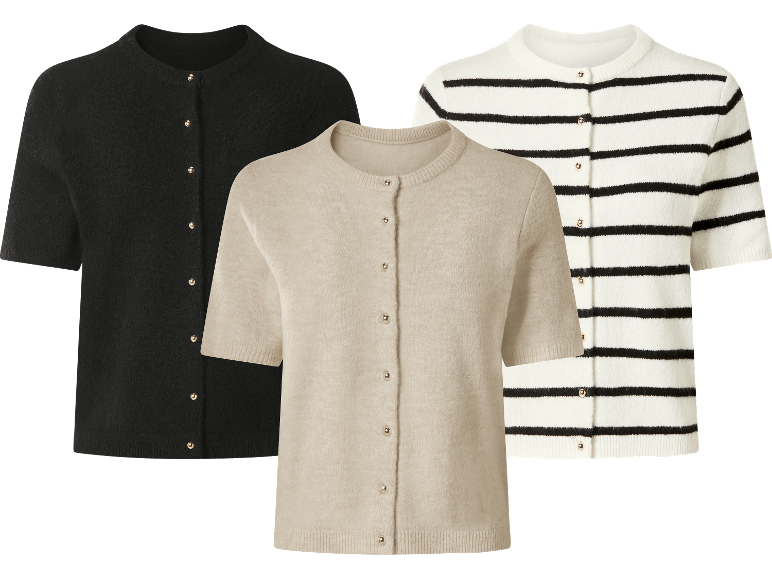 Tre kortärmade koftor: svart, beige och vit med svarta ränder.
