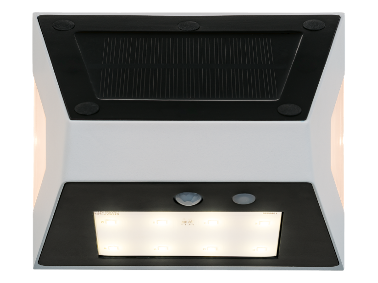 Solcellsvägglampa med rörelsesensor och LED-lampor.