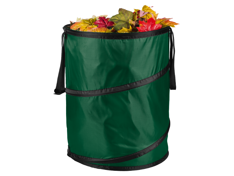 Grön hopfällbar trädgårdsavfallspåse fylld med höstlöv.
