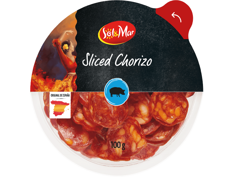 Skivad Sol & Mar Tapas de Chorizo i en förpackning på 100 g.