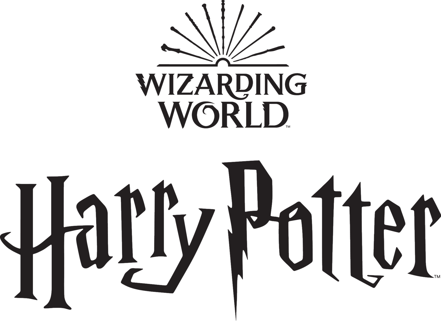 Texten 'WIZARDING WORLD' och 'Harry Potter' med trollstavar.