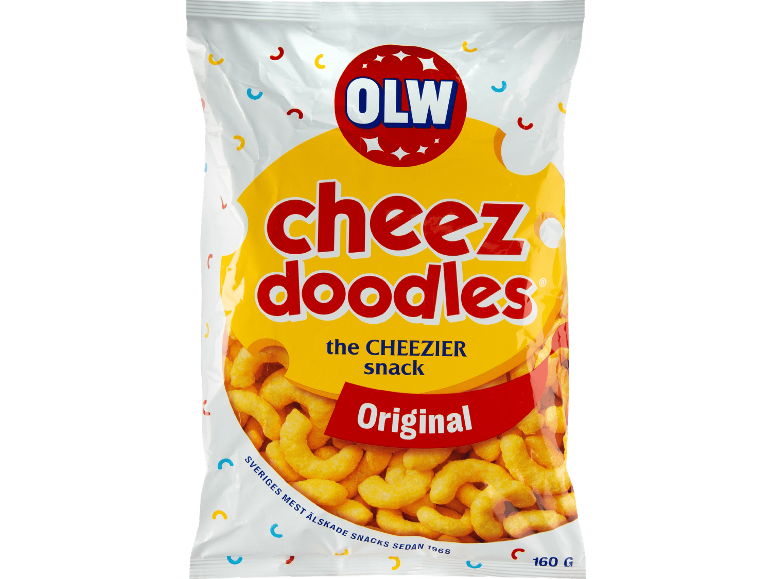 En påse ostbågar med texten 'cheez doodles the CHEEZIER snack Original'.
