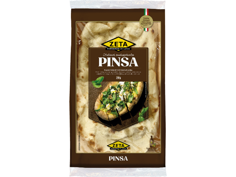 Förpackat italienskt Pinsa-bröd med en bild av Pinsa toppad med ruccola och ost.