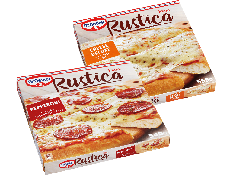 Två förpackningar fryst pizza: ost deluxe och pepperoni italiensk stil.