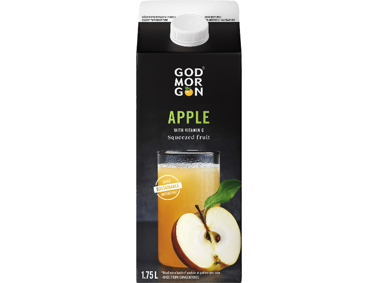 Svart kartong med äppeljuice med C-vitamin, 1,75L, med ett glas juice och äppelskiva.