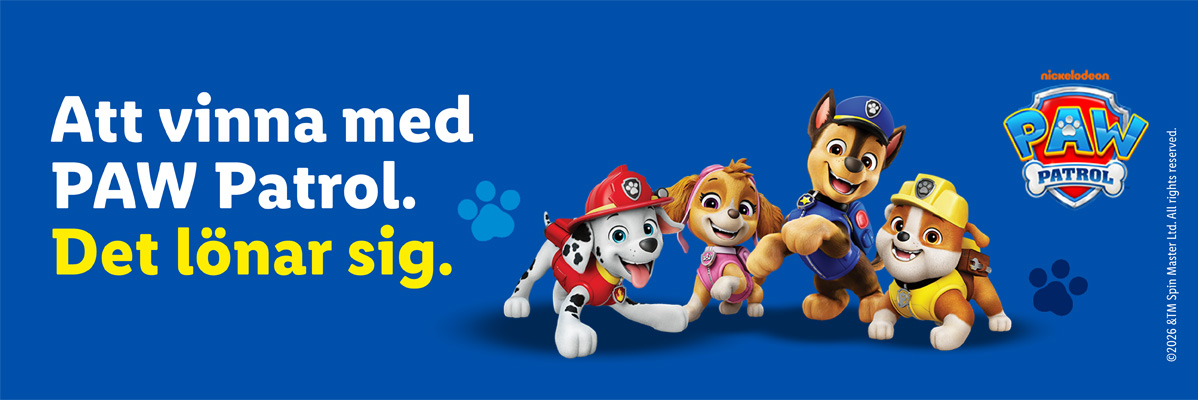Paw Patrol-karaktärer med texten 'Att vinna med Paw Patrol. Det lönar sig.'