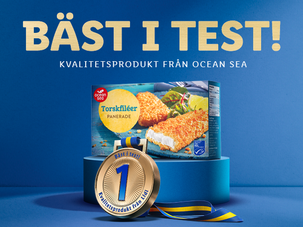 Fiskfiléer i förpackning med texten 'Bäst i test! Kvalitetsprodukt från Lidl' och en guldmedalj.