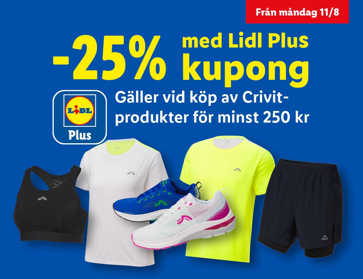 Lidl Plus kupong ger -25% på Crivit sportkläder och skor vid köp över 250 kr.