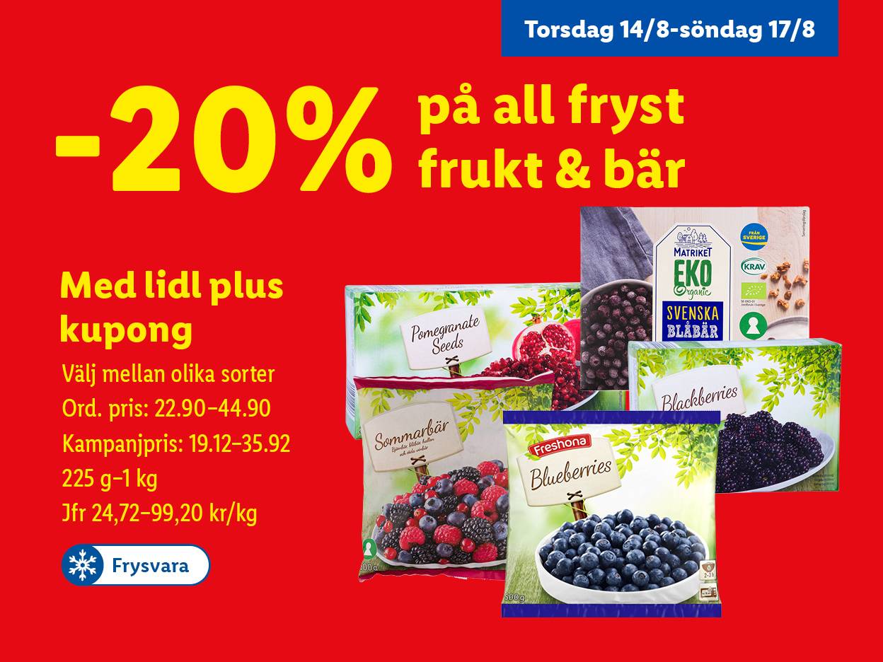 Lidl erbjuder 20% rabatt på fryst frukt och bär med Lidl Plus kupong.  Bland annat blåbär, hallon och granatäpple.