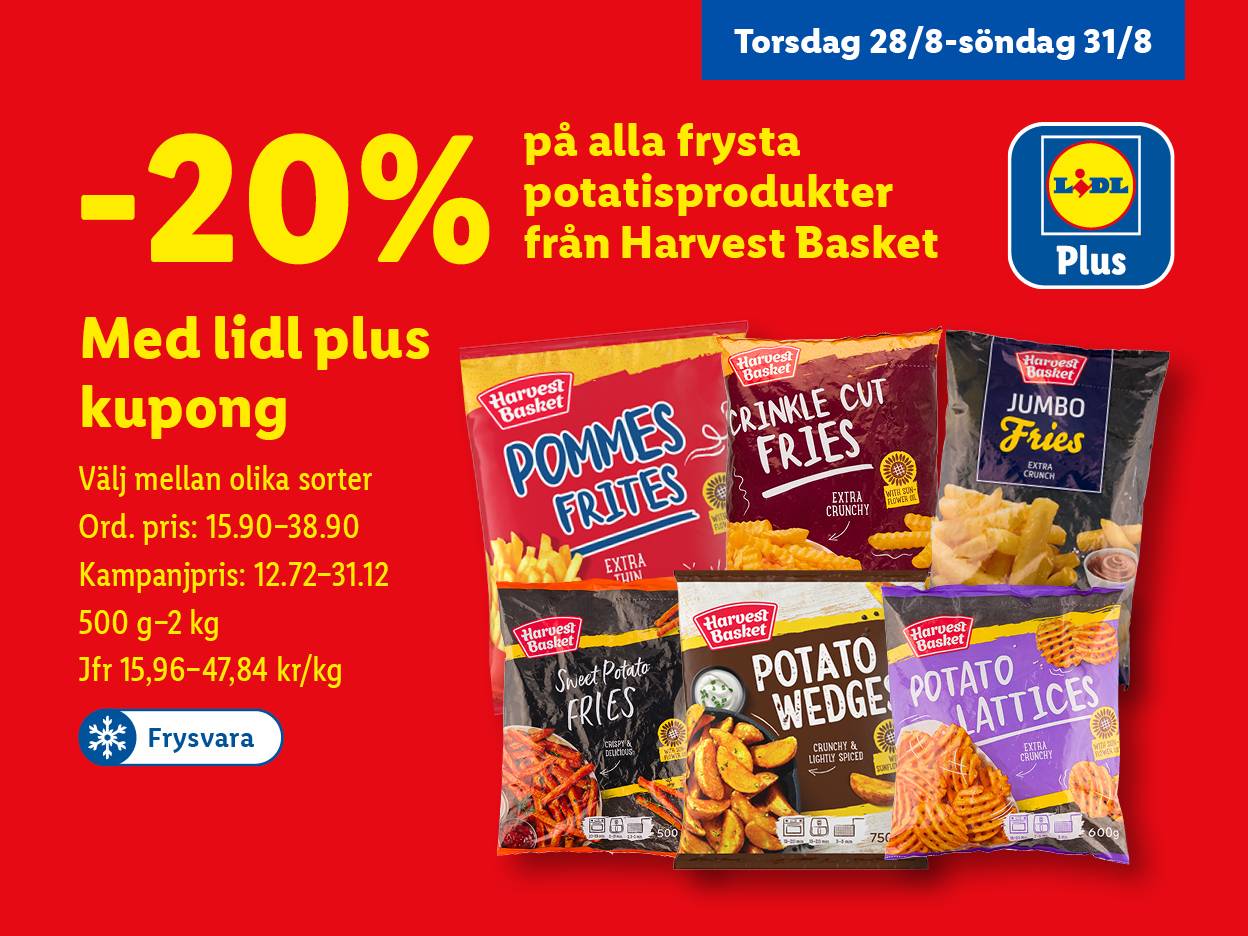 Annons för frysta potatisprodukter från Harvest Basket, inklusive pommes frites, klyftpotatis och potatisgaller.