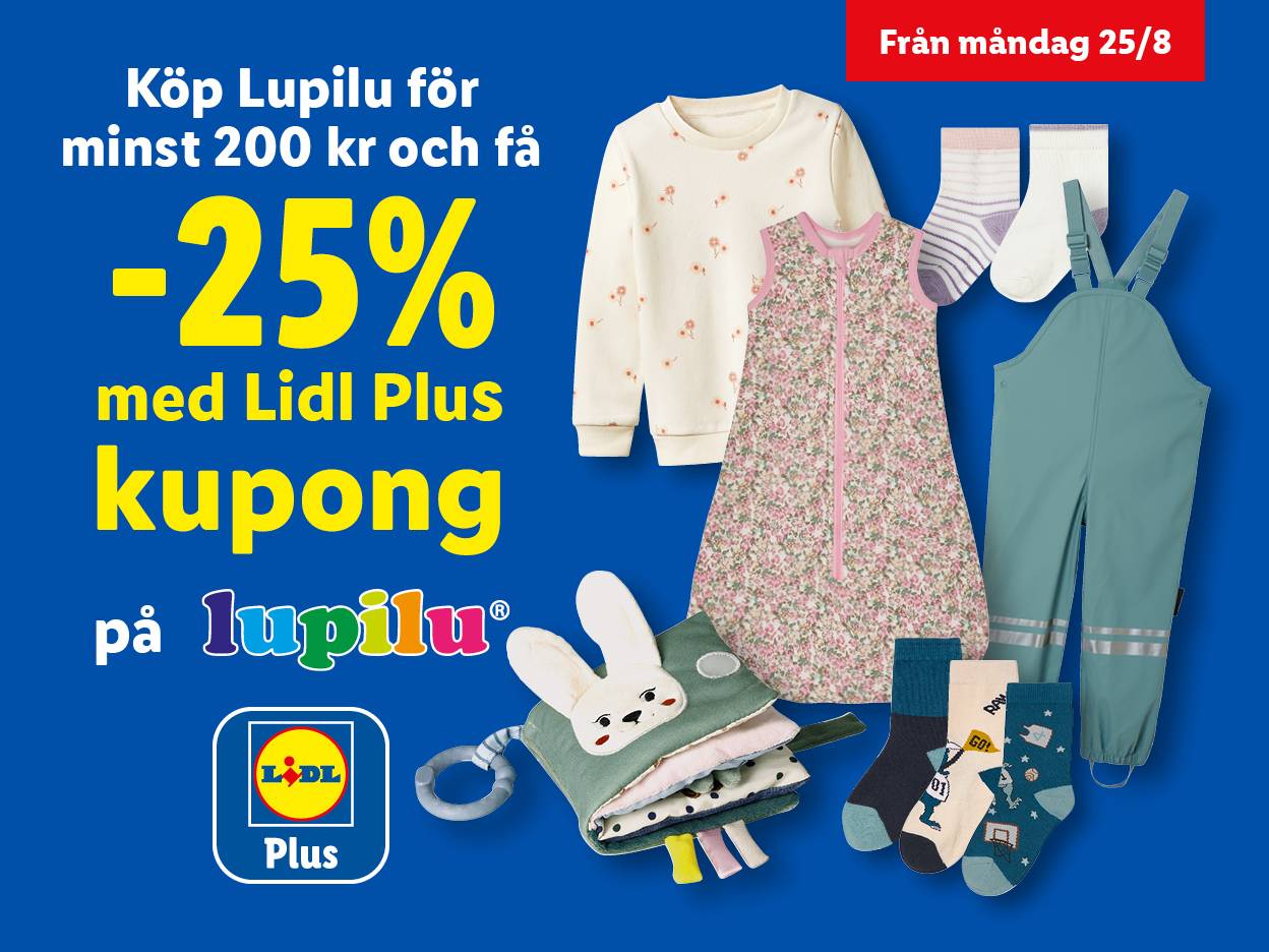 Lidl-annons för Lupilu barnkläder och tillbehör med 25% rabatt via Lidl Plus-kupong.