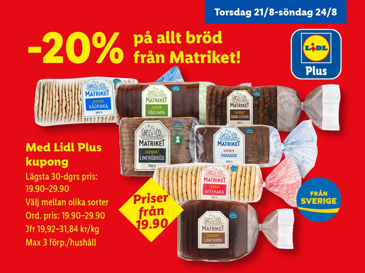 Annons för Matriket-bröd från Lidl, med erbjudande om 20% rabatt på olika sorters bröd.