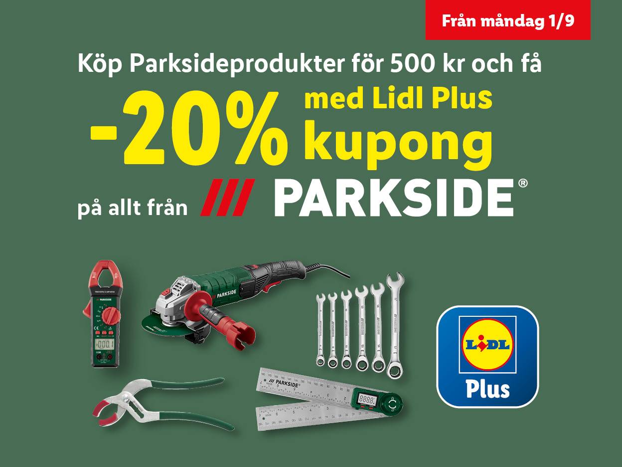 Annons för Parkside-produkter med 20% rabattkupong via Lidl Plus, inklusive verktyg som vinkelslip och tång.