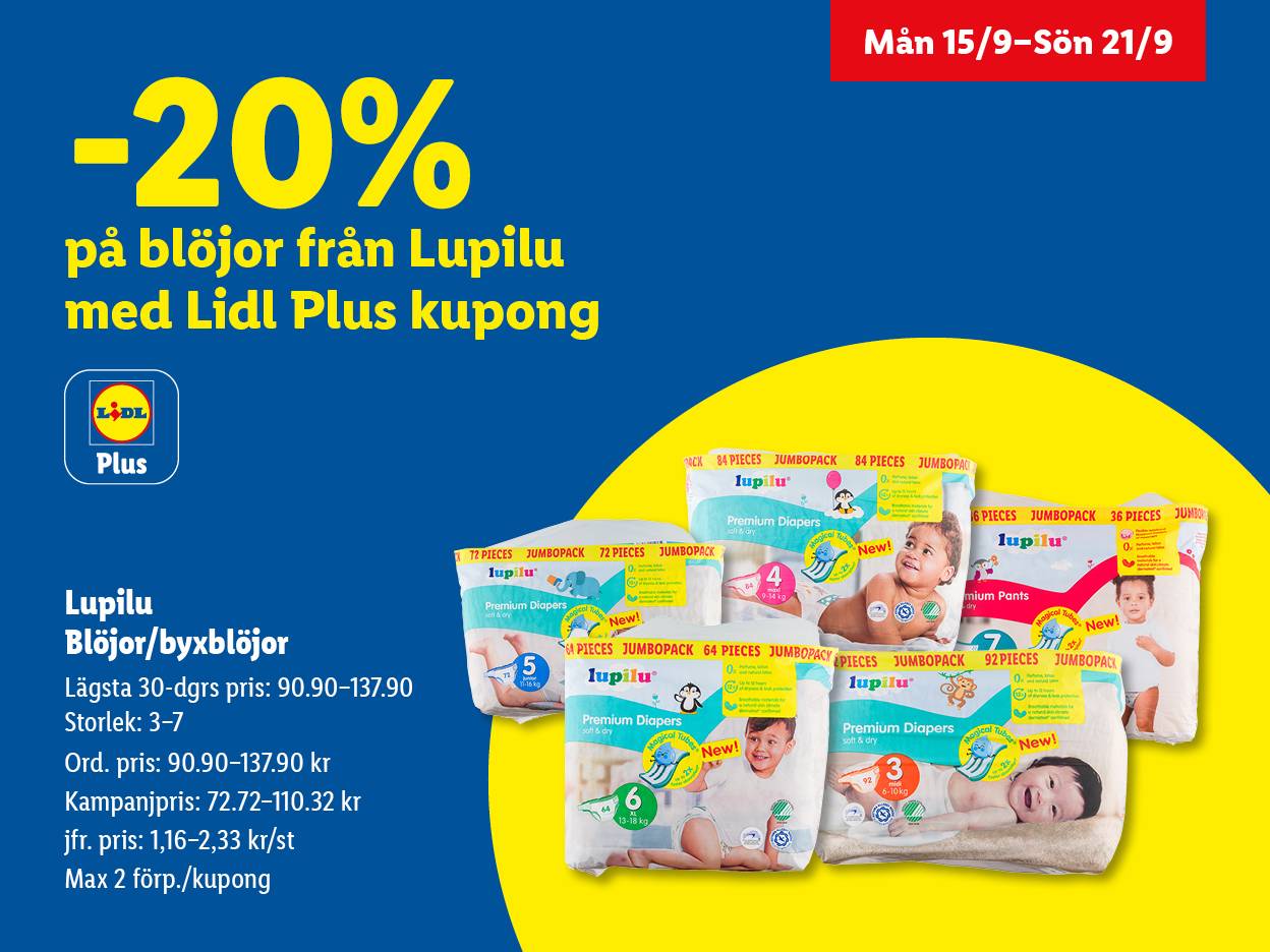 En annons för Lupilu blöjor med 20% rabatt via Lidl Plus kupong.