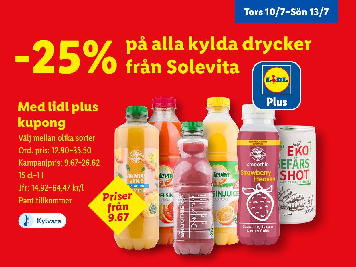 Lidl Plus-erbjudande: 25% rabatt på kylda drycker från Solevita och andra märken.