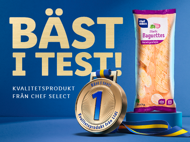 Förpackning med vitlöksbaguetter och en guldmedalj med texten 'Bäst i test!' på en blå bakgrund.