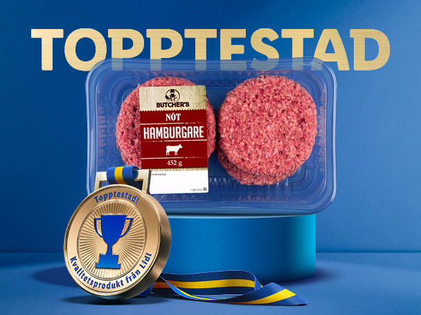 Förpackning med hamburgare och en guldmedalj med texten 'Topptestad' och 'Kvalitetsprodukt från Lidl'.