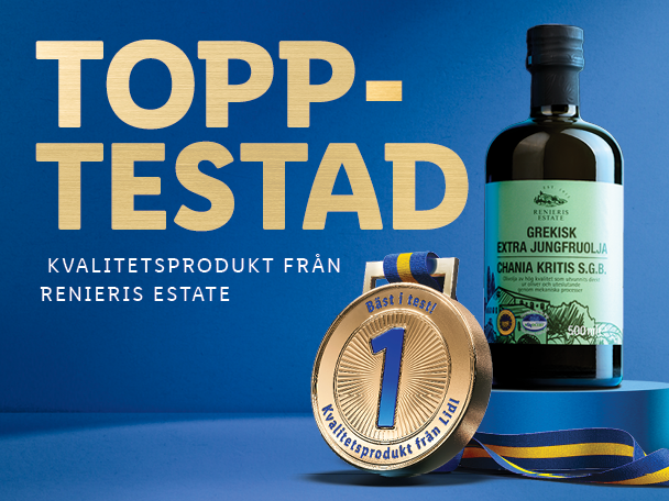 En flaska Renieris Estate grekisk extra jungfruolja och en guldmedalj med texten 'Bäst i test!'.