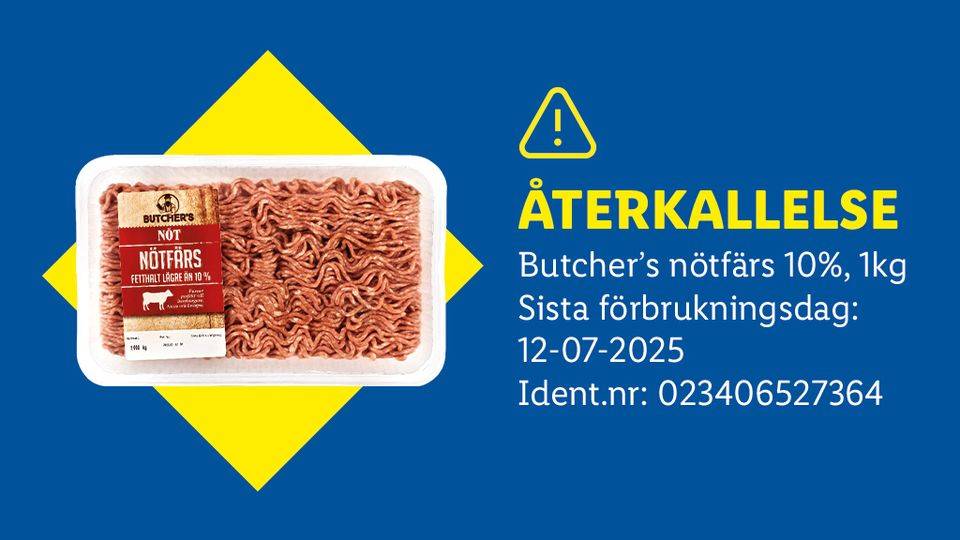 Återkallelse av Butcher's nötfärs 10%, 1kg med bäst-före-datum 12-07-2025.