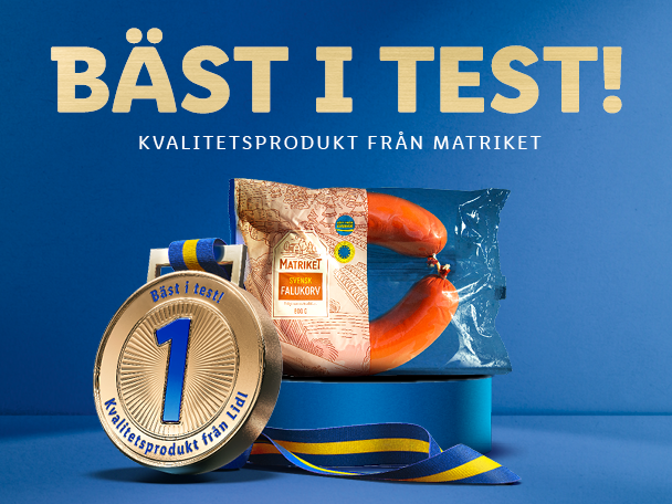 Förpackning med falukorv och en guldmedalj med texten 'Bäst i test! Kvalitetsprodukt från Lidl'.