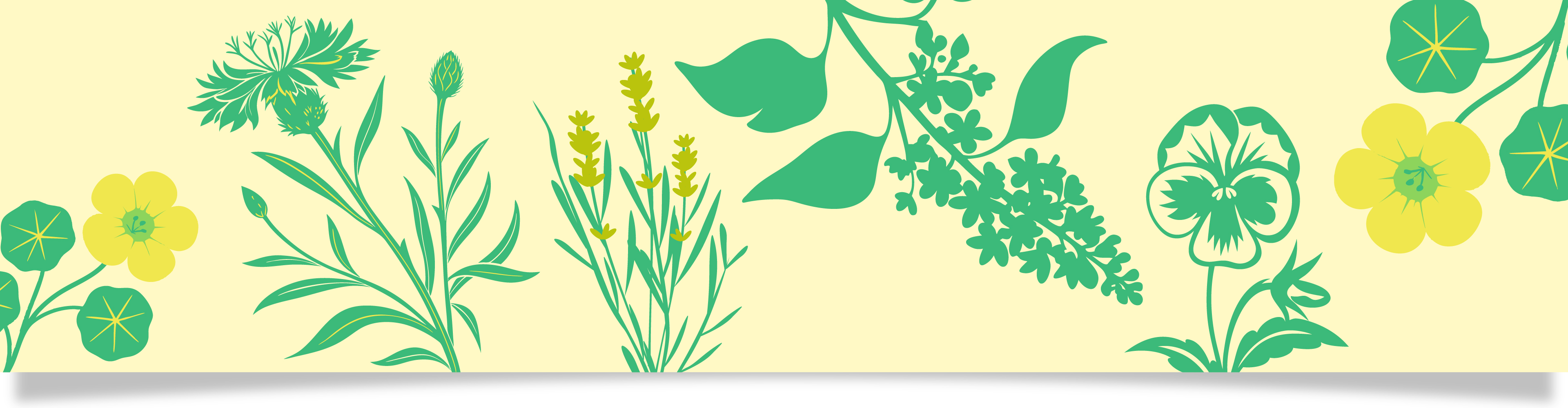 En illustration av olika blommor och växter i grönt och gult på en ljusgul bakgrund.