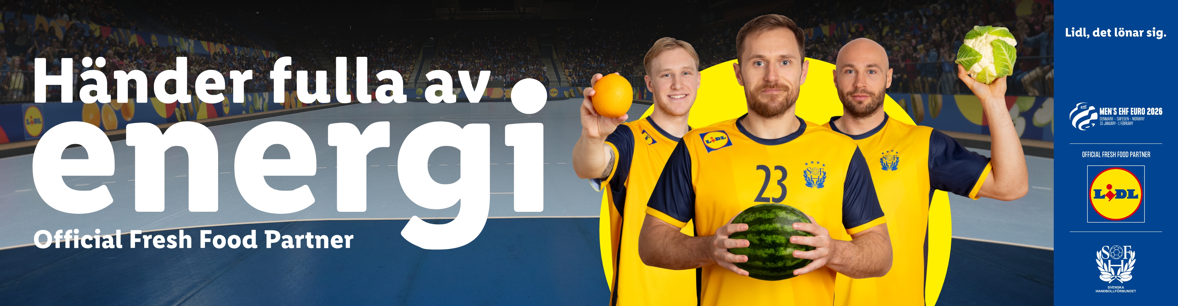Handbollsspelare med frukt och grönsaker, Lidl-logotyp och texten 'Händer fulla av energi'.