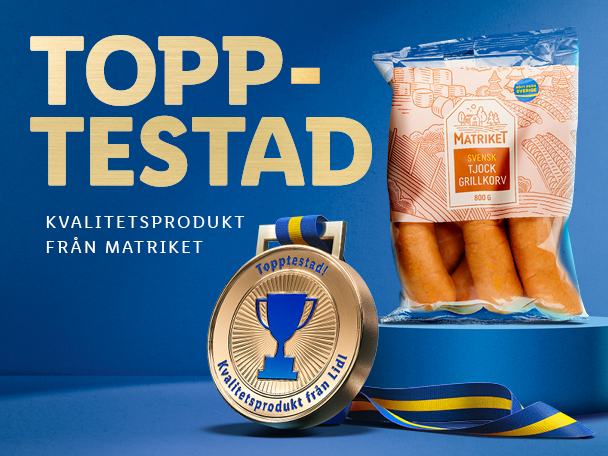 Förpackning med tjock grillkorv och en guldmedalj med texten 'Topptestad Kvalitetsprodukt'.