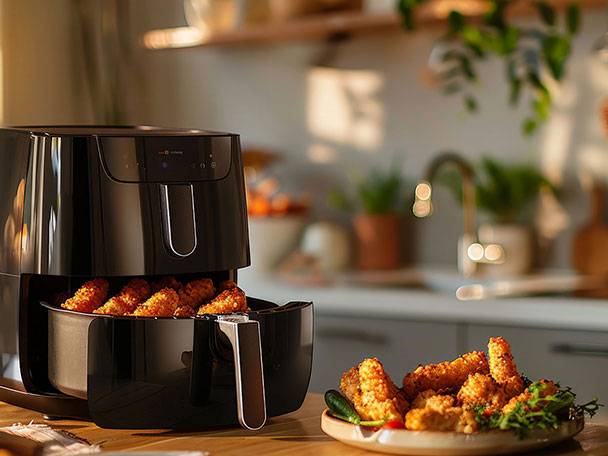 Luftfritös med friterad mat.