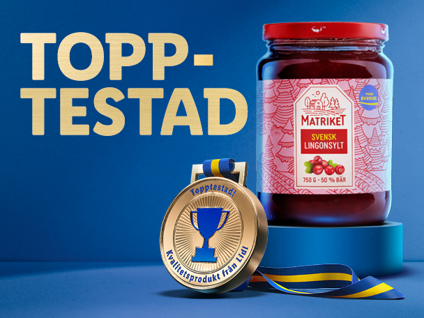 En burk lingonsylt och en guldmedalj med texten 'Topptestad' och 'Kvalitetsprodukt från Lidl'.